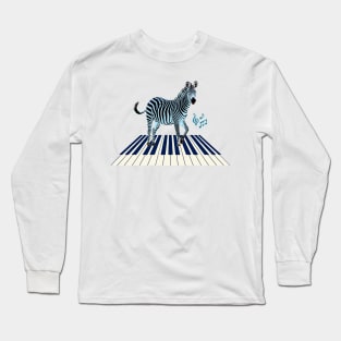 Zebra in Blue on Keyboard with Music Notes Long Sleeve T-Shirt